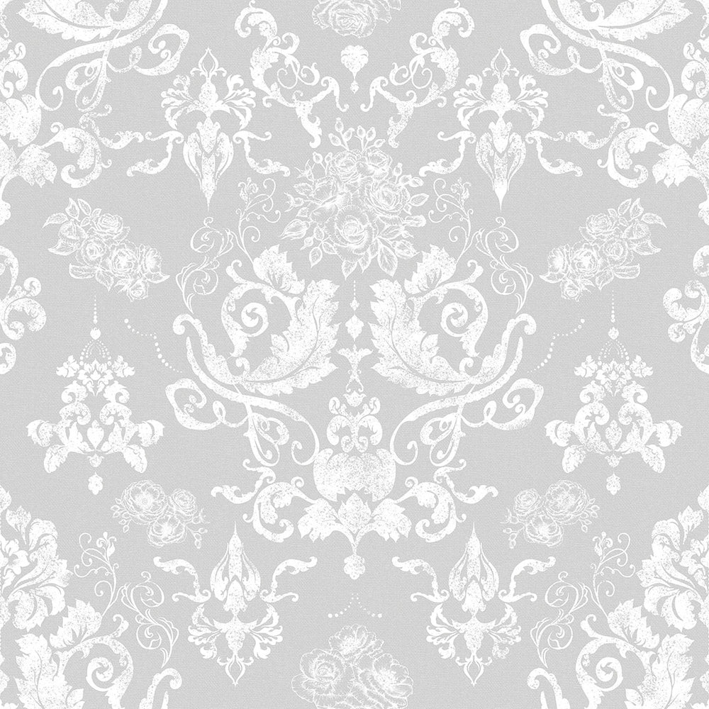 Bridgerton Damask Wallpaper - Classic Grey and Pearl White - LAN100021