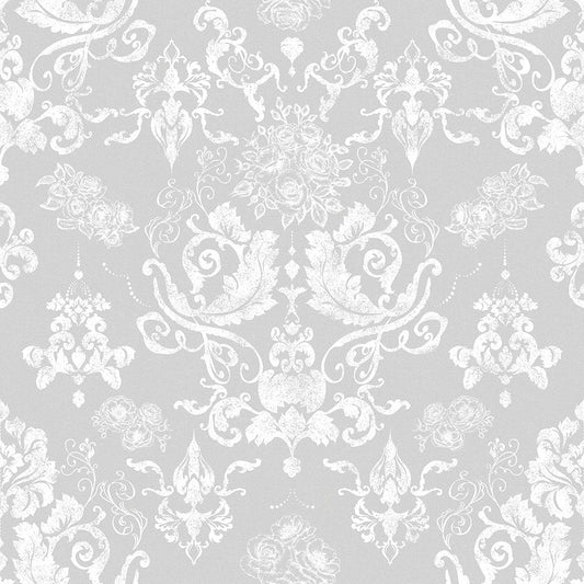 Bridgerton Damask Wallpaper - Classic Grey and Pearl White - LAN100021