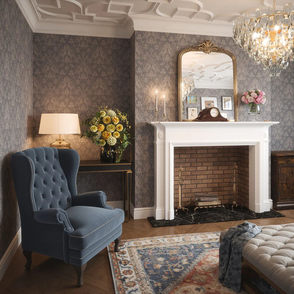 Bridgerton Damask Wallpaper - Slate and Vintage Grey - LAN100022