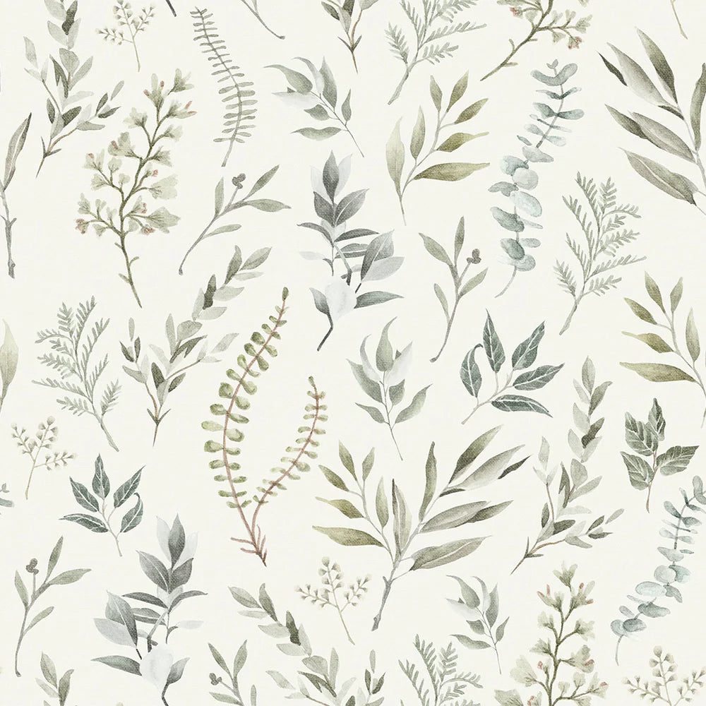 Countryside Trail Wallpaper - Rustic Greens on Ivory Linen - LAN100045