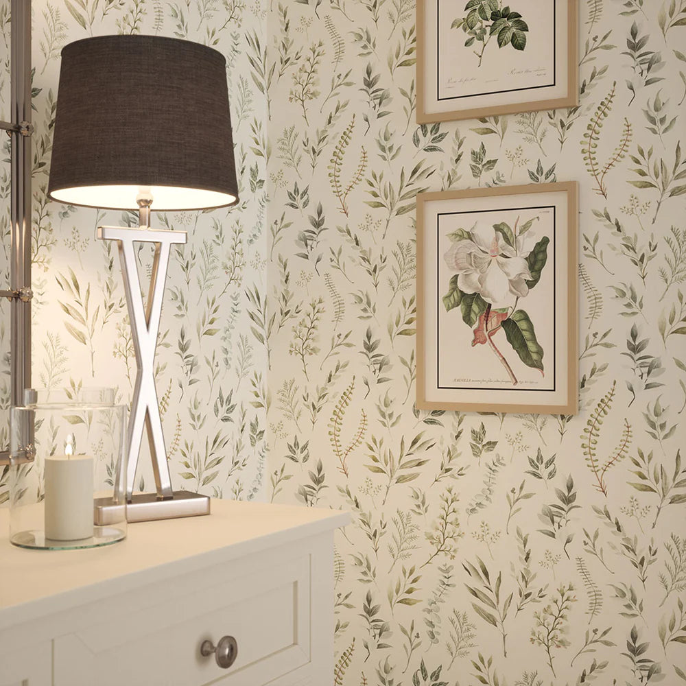 Countryside Trail Wallpaper - Rustic Greens on Ivory Linen - LAN100045