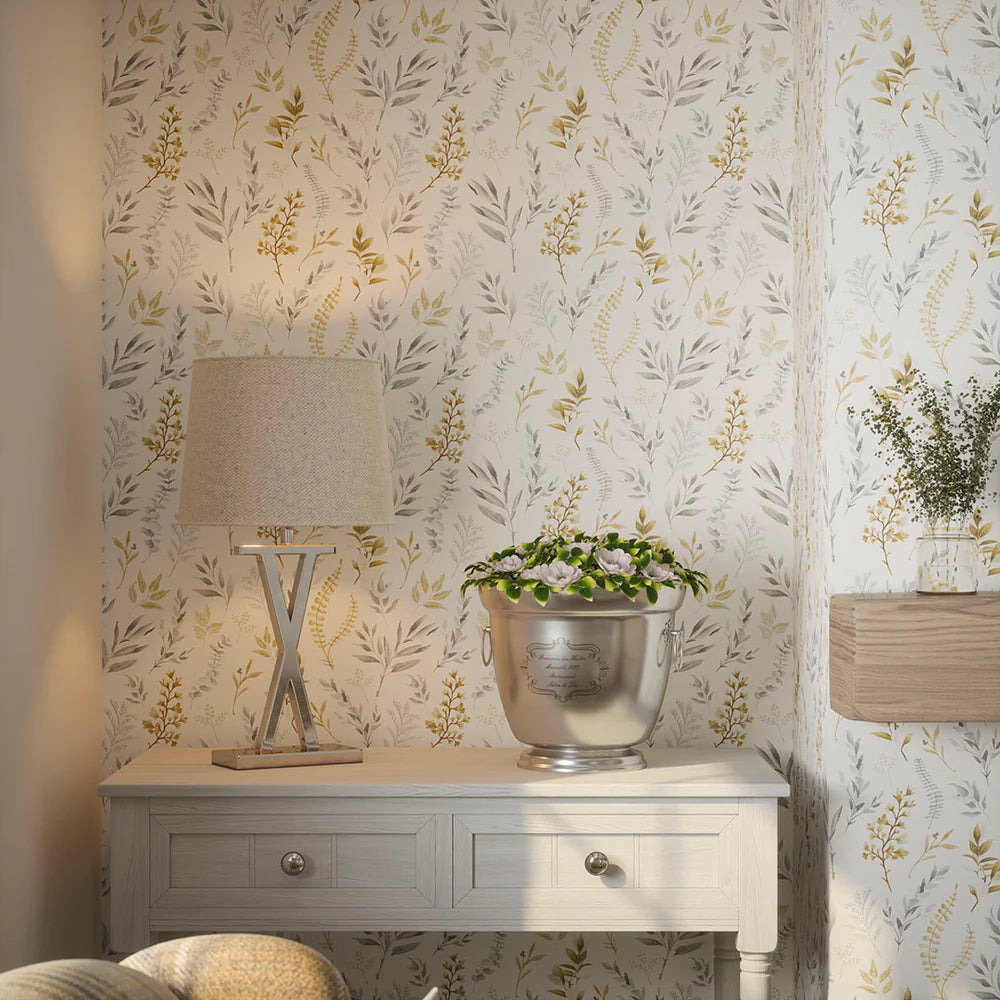 Countryside Trail Wallpaper - Ochre and Vintage Grey on Soft Cream - LAN100047