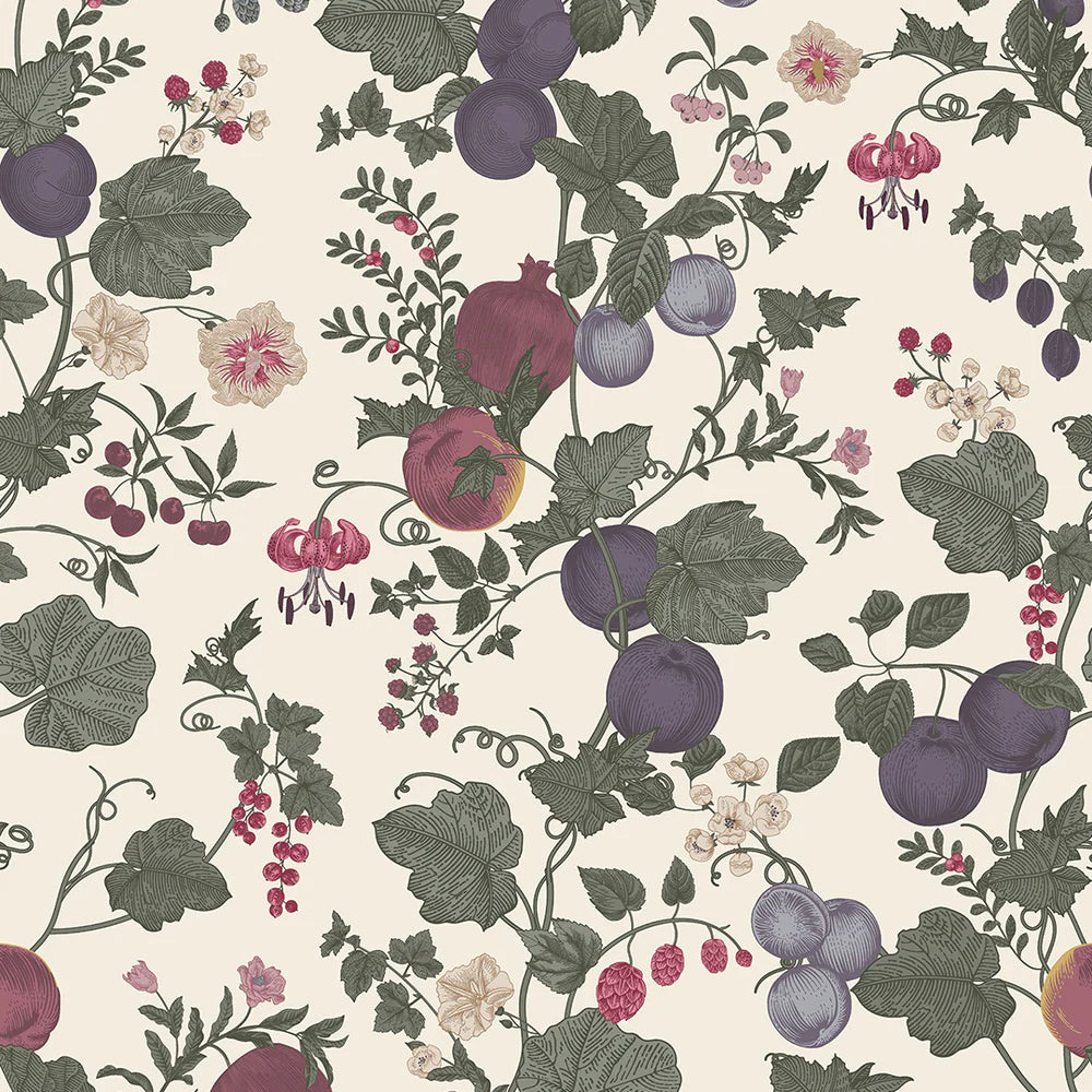 Forgotten Fruit Wallpaper - Nettle Green, Wild Plum and Lavender on Vintage Cream - LAN100066