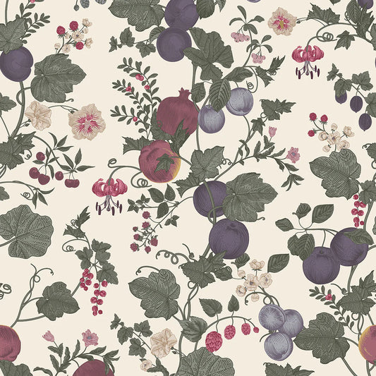 Forgotten Fruit Wallpaper - Nettle Green, Wild Plum and Lavender on Vintage Cream - LAN100066