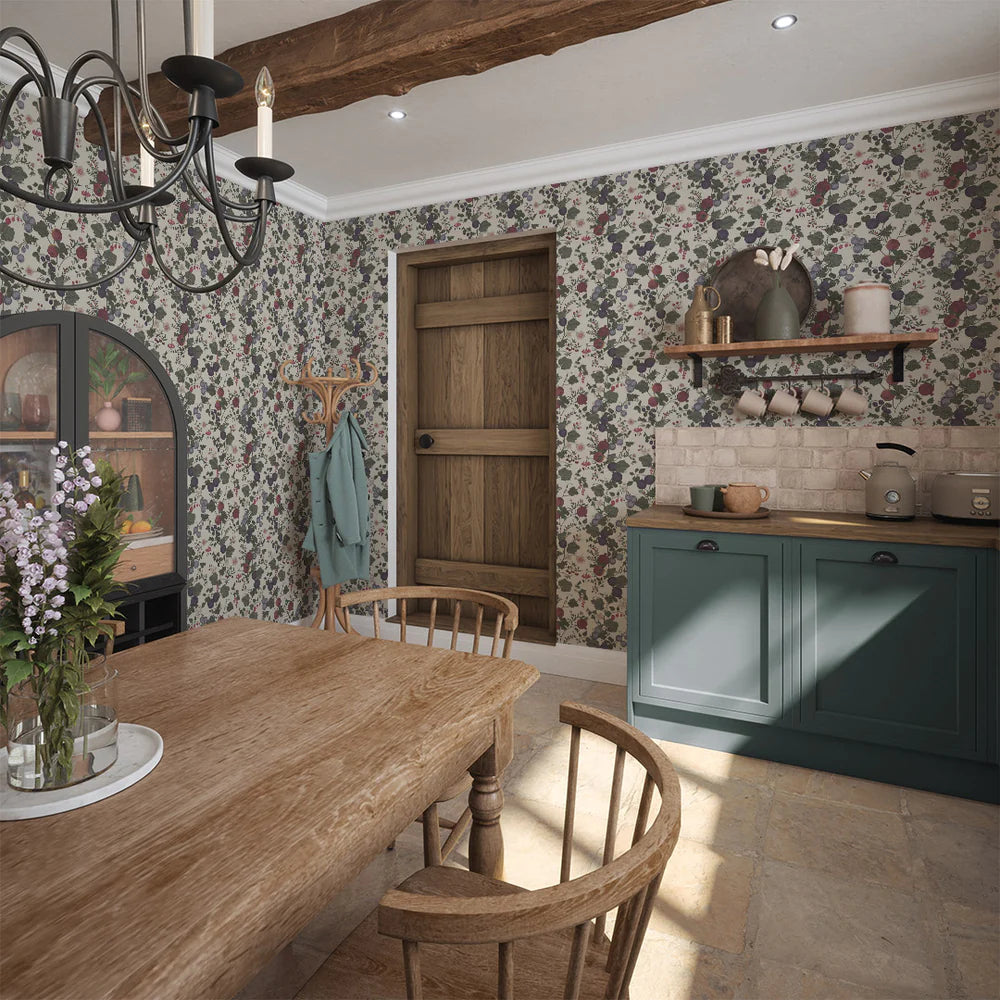 Forgotten Fruit Wallpaper - Nettle Green, Wild Plum and Lavender on Vintage Cream - LAN100066