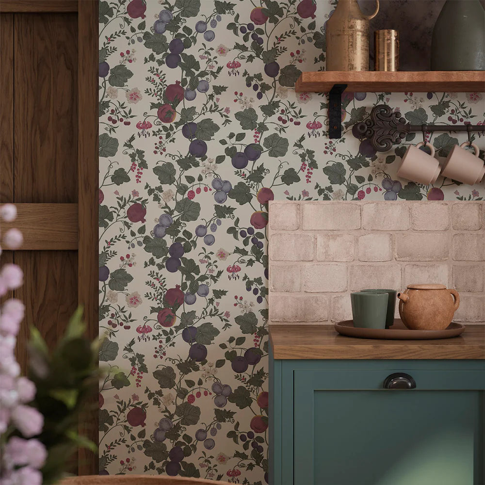 Forgotten Fruit Wallpaper - Nettle Green, Wild Plum and Lavender on Vintage Cream - LAN100066