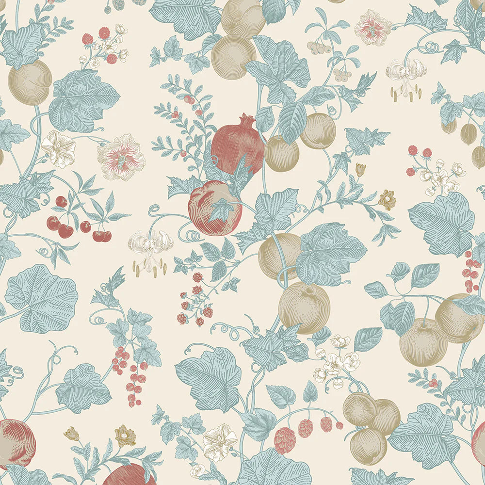 Forgotten Fruit Wallpaper - Duck Egg and Pomegranate on Vintage Cream - LAN100069