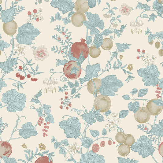 Forgotten Fruit Wallpaper - Duck Egg and Pomegranate on Vintage Cream - LAN100069