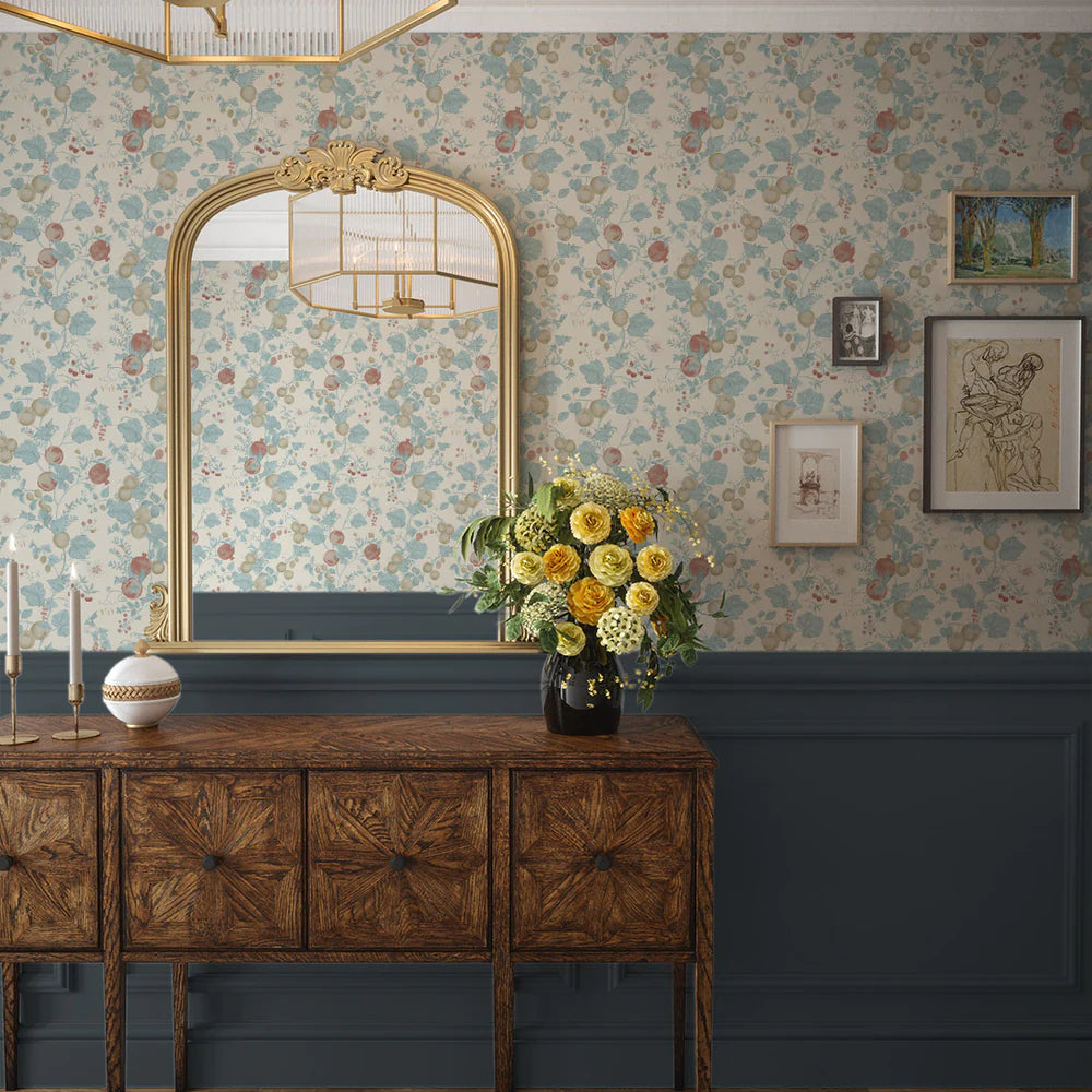Forgotten Fruit Wallpaper - Duck Egg and Pomegranate on Vintage Cream - LAN100069