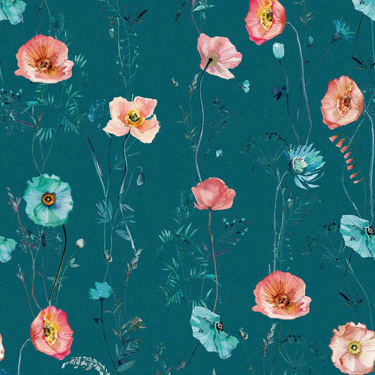 Delicate Stems Wallpaper - Shades of Coral on Teal - LAN100070