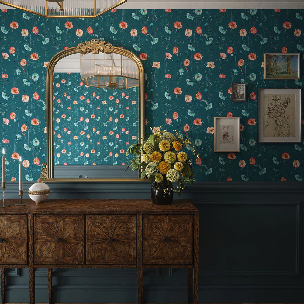 Delicate Stems Wallpaper - Shades of Coral on Teal - LAN100070