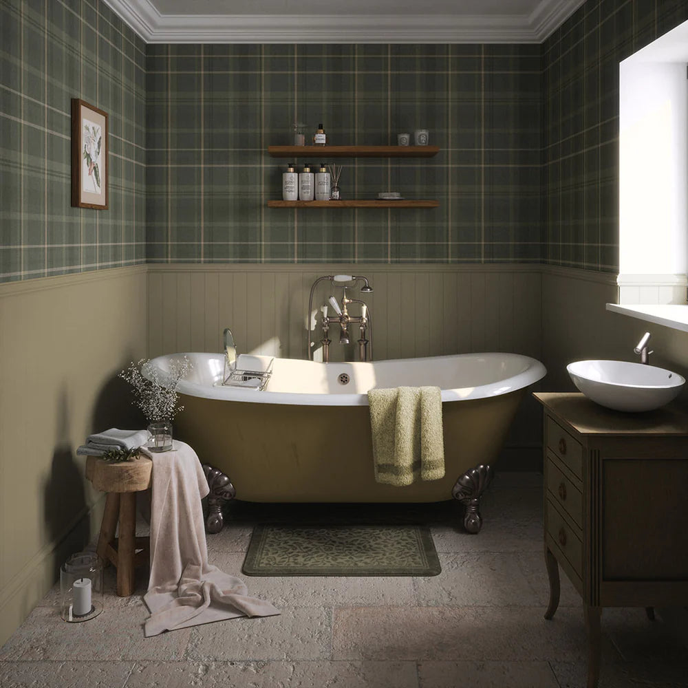 Heritage Tartan Wallpaper - Nettle Green and Vintage Cream - LAN100076