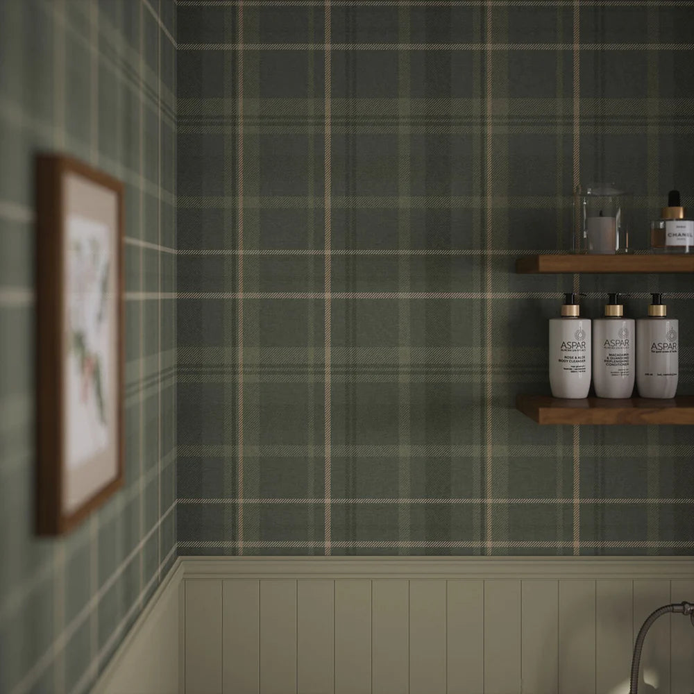 Heritage Tartan Wallpaper - Nettle Green and Vintage Cream - LAN100076