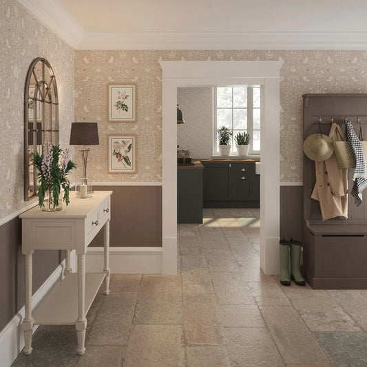 Garden Visitors Wallpaper - Vintage Cream aand Linen on Dove Grey - LAN100081