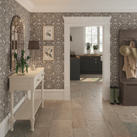 Garden Visitors Wallpaper - Earl Blue and Vintage Cream on Earl Grey - LAN100082