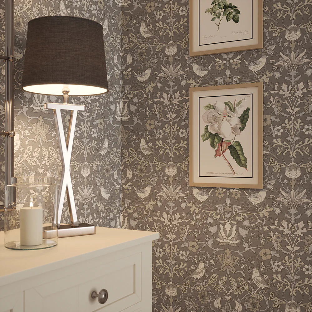 Garden Visitors Wallpaper - Earl Blue and Vintage Cream on Earl Grey - LAN100082