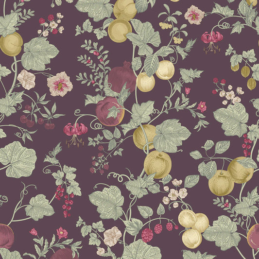 Forgotten Fruit Wallpaper - Sage Green, Raspberry and Gold on Wild Plum - LAN100094