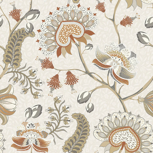 Beaumont Wallpaper - Spice and Vintage Grey on Ecru - LAN100106