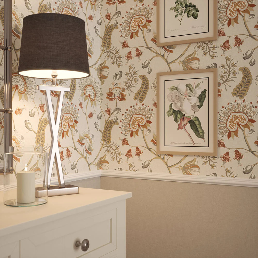 Beaumont Wallpaper - Spice and Vintage Grey on Ecru - LAN100106