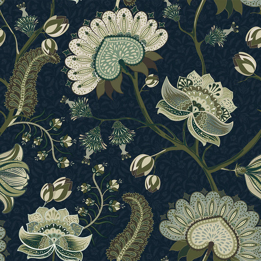 Beaumont Wallpaper - Olive and Sage Green on Classic Navy - LAN100108
