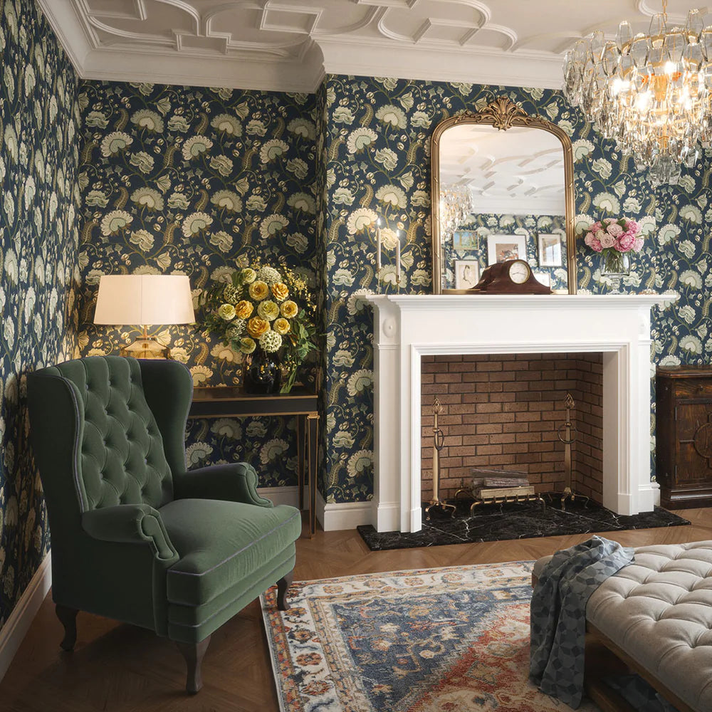 Beaumont Wallpaper - Olive and Sage Green on Classic Navy - LAN100108