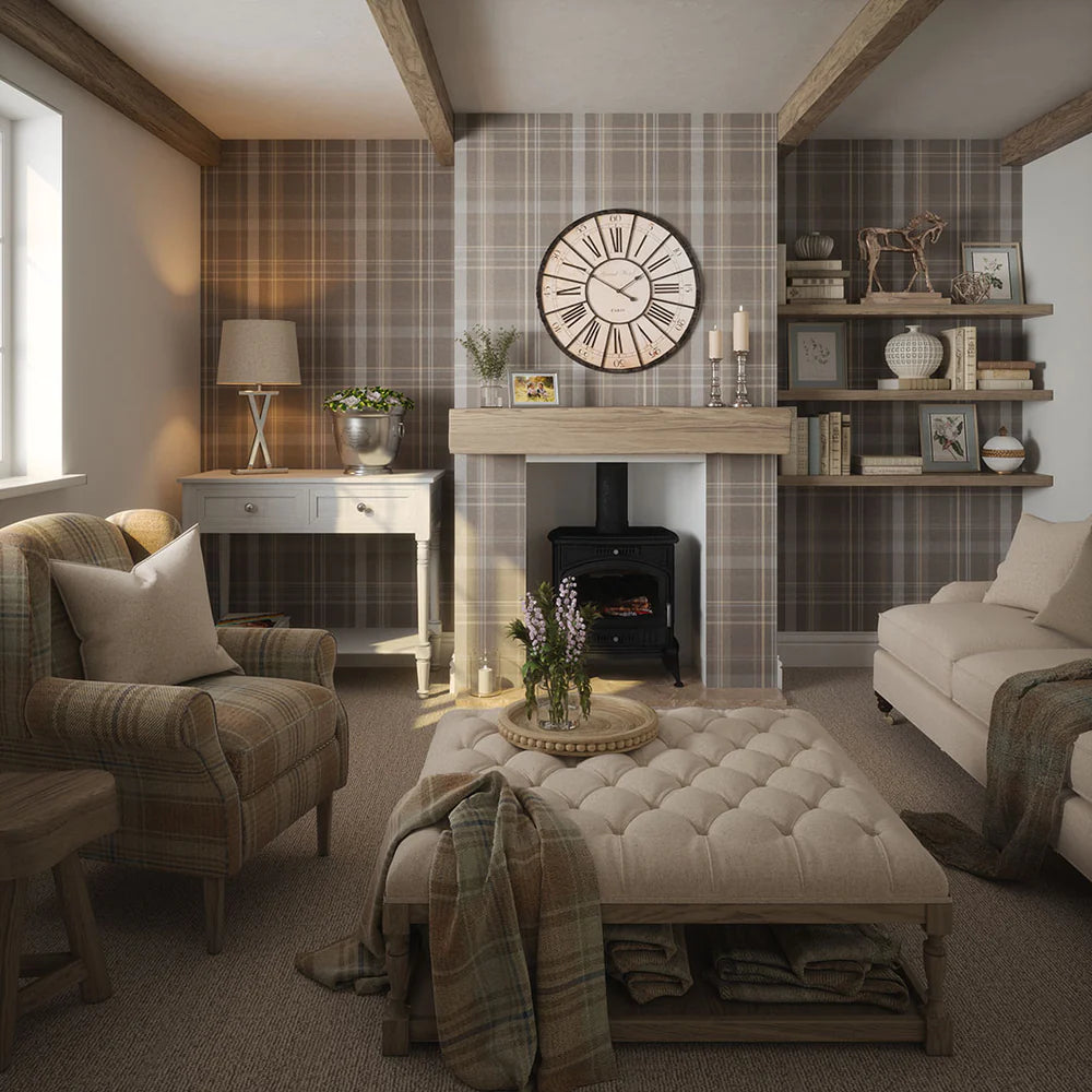 Heritage Tartan Wallpaper - Earl Blue and Vintage Cream on Earl Grey - LAN100117