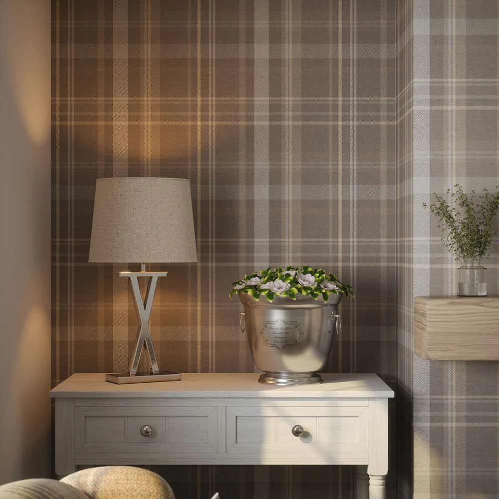 Heritage Tartan Wallpaper - Earl Blue and Vintage Cream on Earl Grey - LAN100117