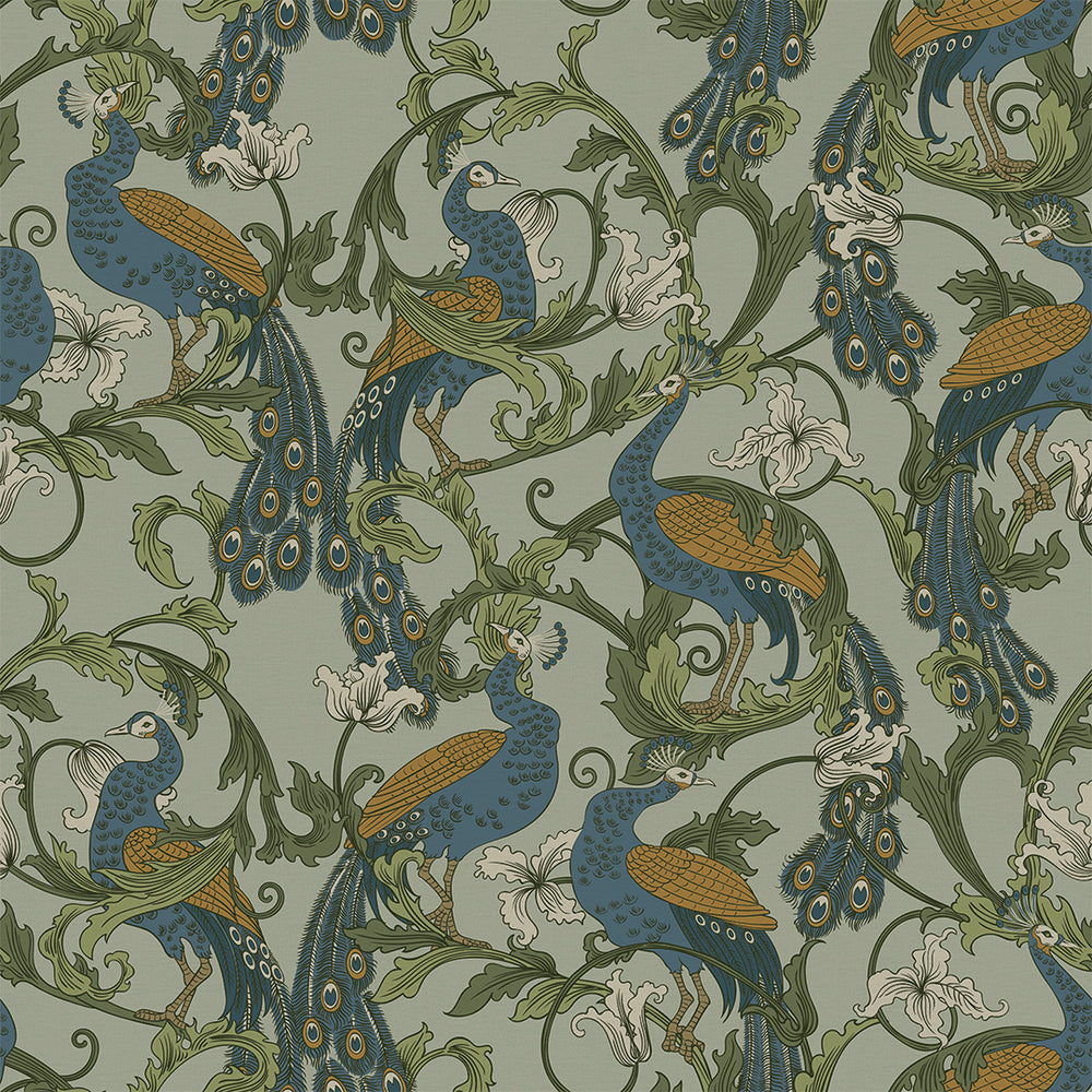 Aubrey Wallpaper - Classic Navy and Ochre on Forest Green - LAN100182