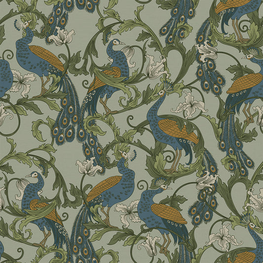 Aubrey Wallpaper - Classic Navy and Ochre on Forest Green - LAN100182