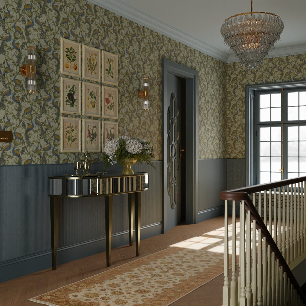 Aubrey Wallpaper - Classic Navy and Ochre on Forest Green - LAN100182