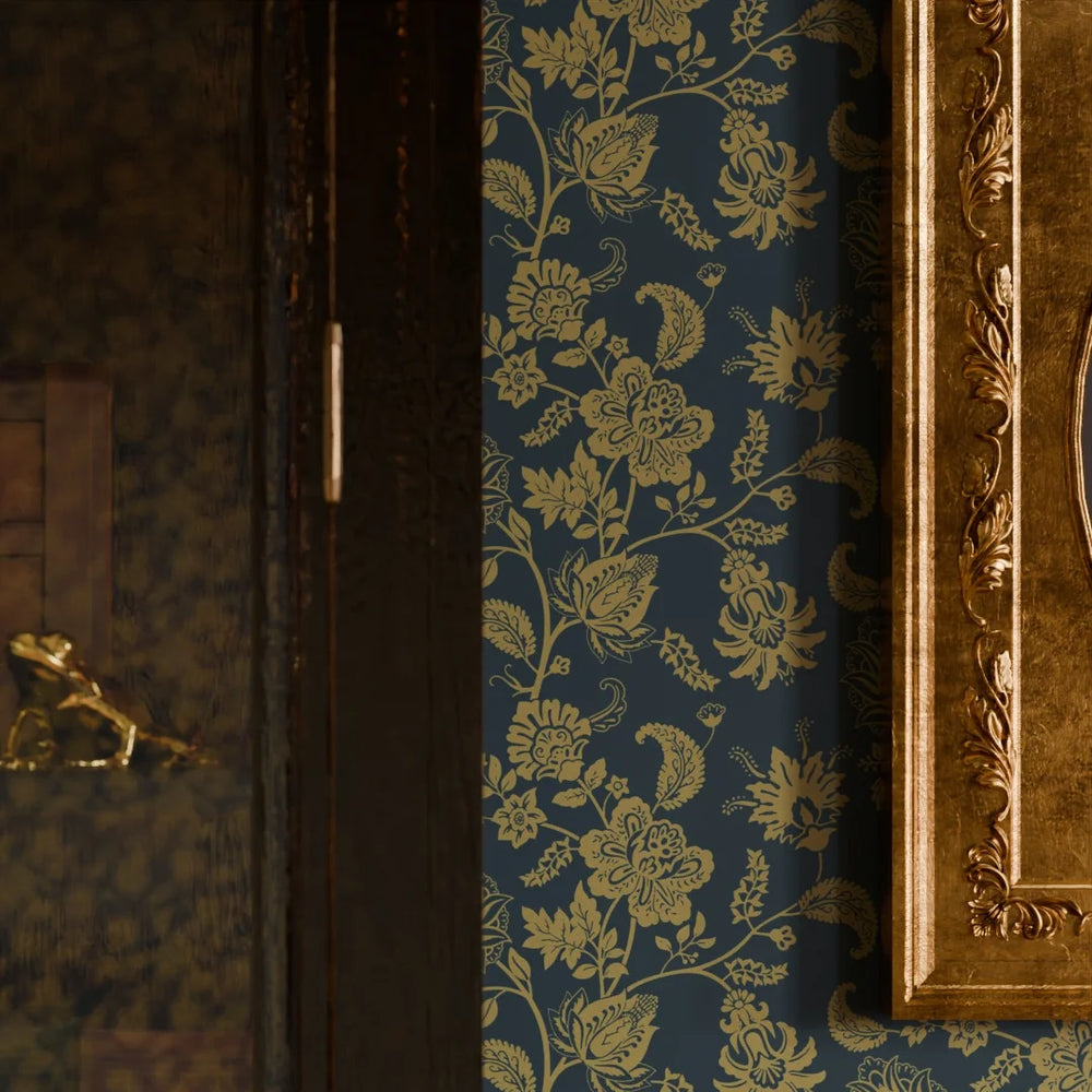 Balmoral Baroque Wallpaper - Mustard and Oxford Blue - LAN100207