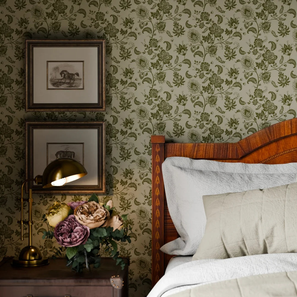 Balmoral Baroque Wallpaper - Gentleman Green and Warm Grey - LAN100210