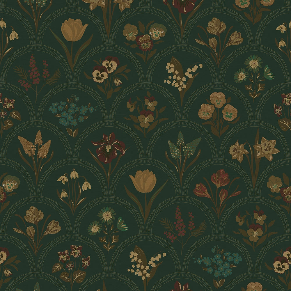 Flowers for Victoria Wallpaper - Rural Tones on Pine Green - LAN100213
