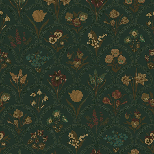 Flowers for Victoria Wallpaper - Rural Tones on Pine Green - LAN100213