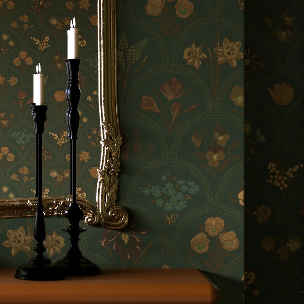 Flowers for Victoria Wallpaper - Rural Tones on Pine Green - LAN100213