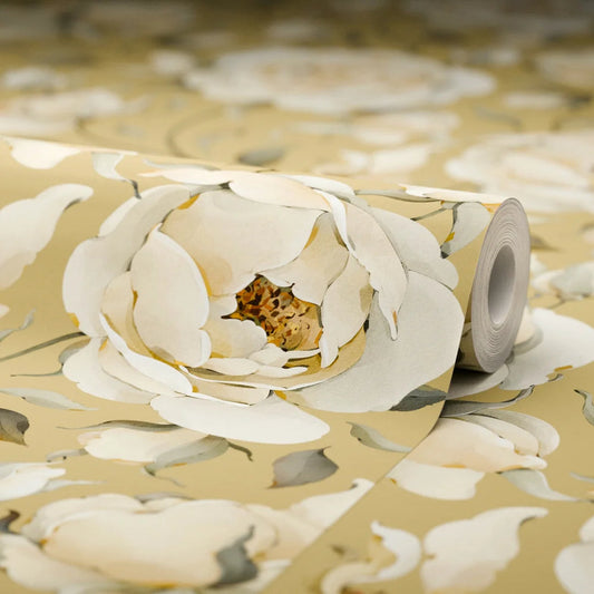 Enchanted Roses Wallpaper - Ivory on Antique Gold - LAN100339