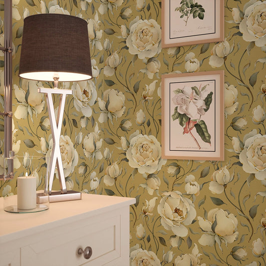 Enchanted Roses Wallpaper - Ivory on Antique Gold - LAN100339