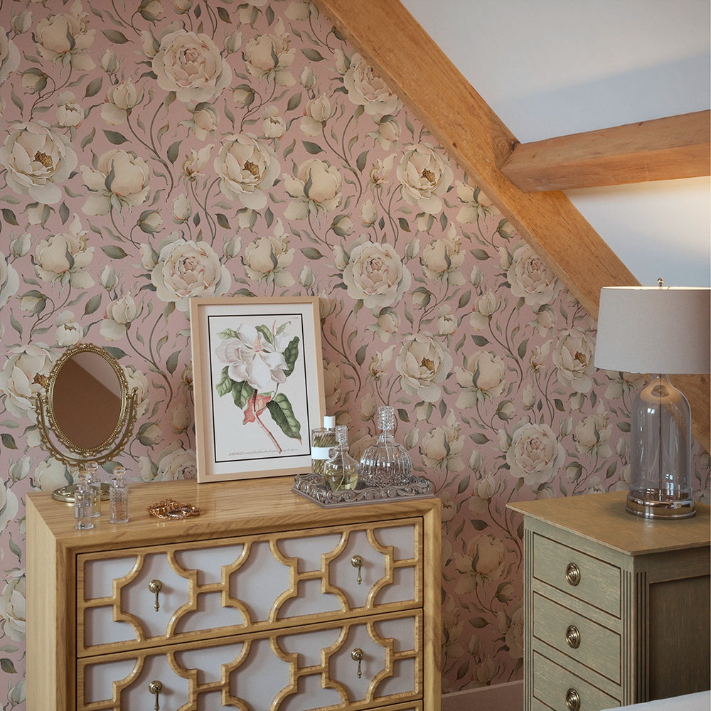 Enchanted Roses Wallpaper - Blush on Dusky Pink - LAN100340