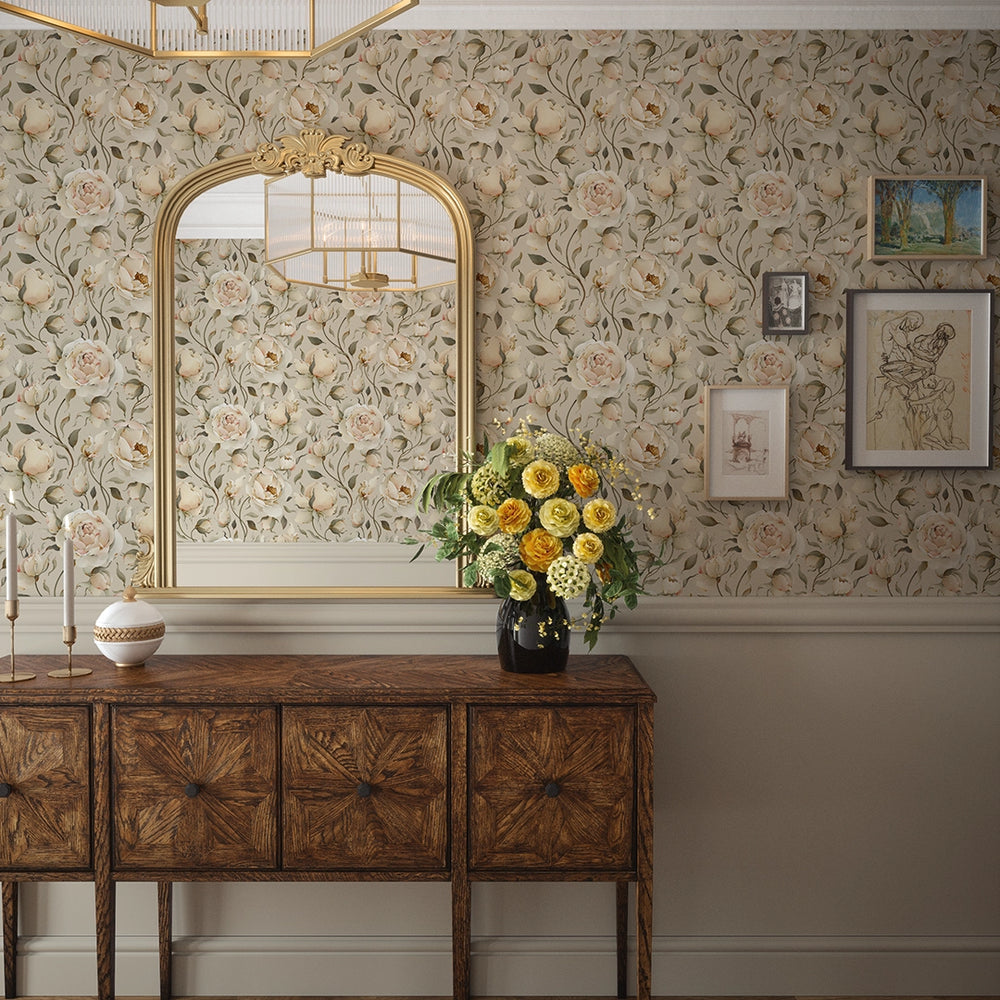Enchanted Roses Wallpaper - Blush on Castle Stone - LAN100342