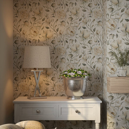 Enchanted Roses Wallpaper - Ivory on Vintage Cream - LAN100343