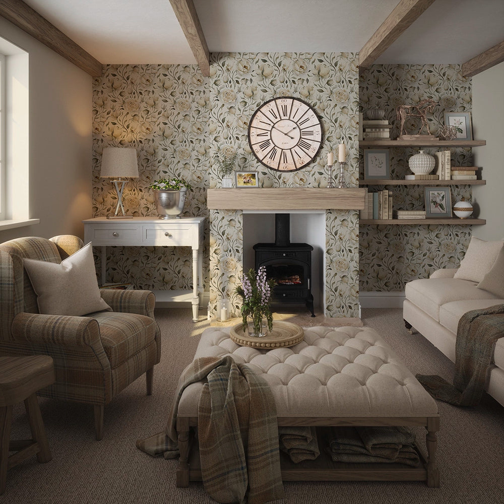 Enchanted Roses Wallpaper - Ivory on Vintage Cream - LAN100343