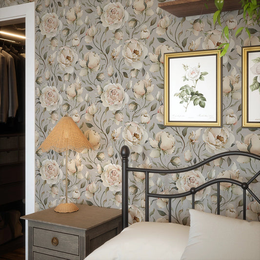 Enchanted Roses Wallpaper - Blush on Vintage Grey - LAN100344