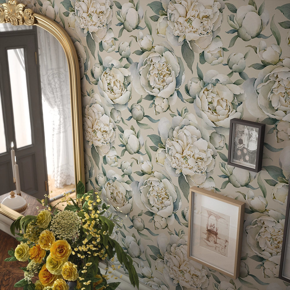 English Garden Peonies Wallpaper - Castle Stone - LAN100359