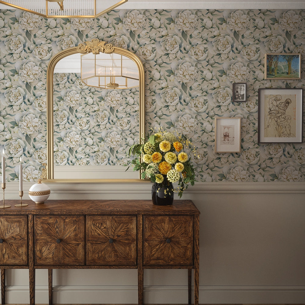English Garden Peonies Wallpaper - Castle Stone - LAN100359