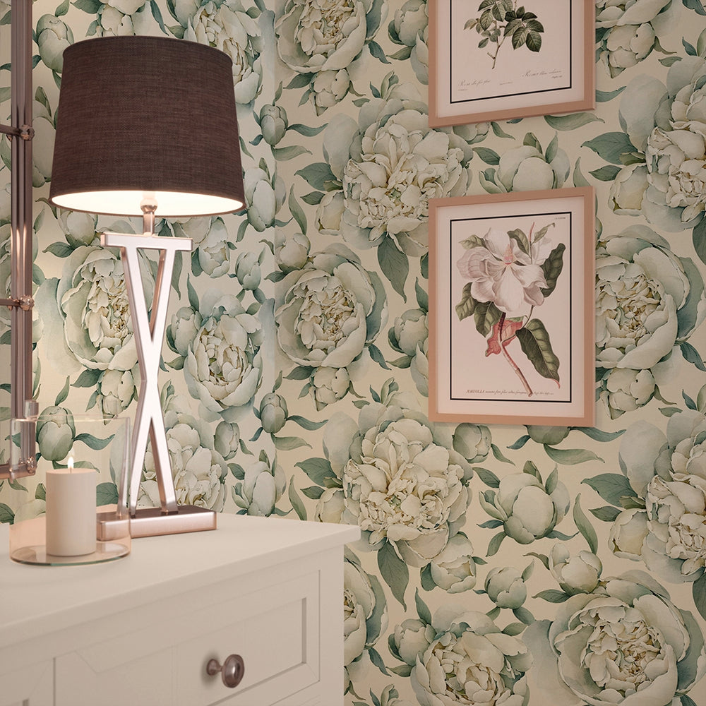 English Garden Peonies Wallpaper - Vintage Cream - LAN100360