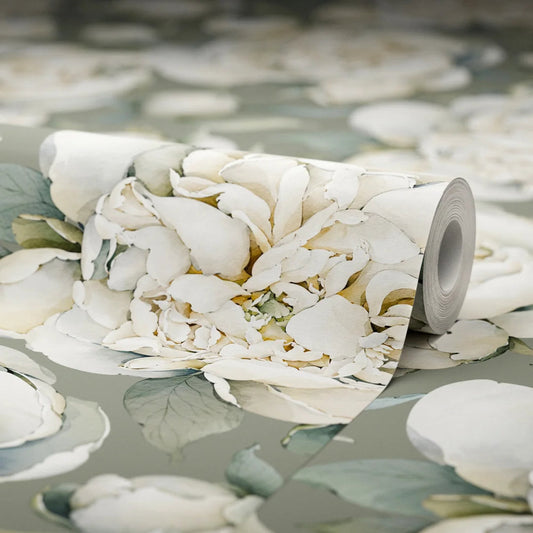 English Garden Peonies Wallpaper - Wild Nettle Green - LAN100361