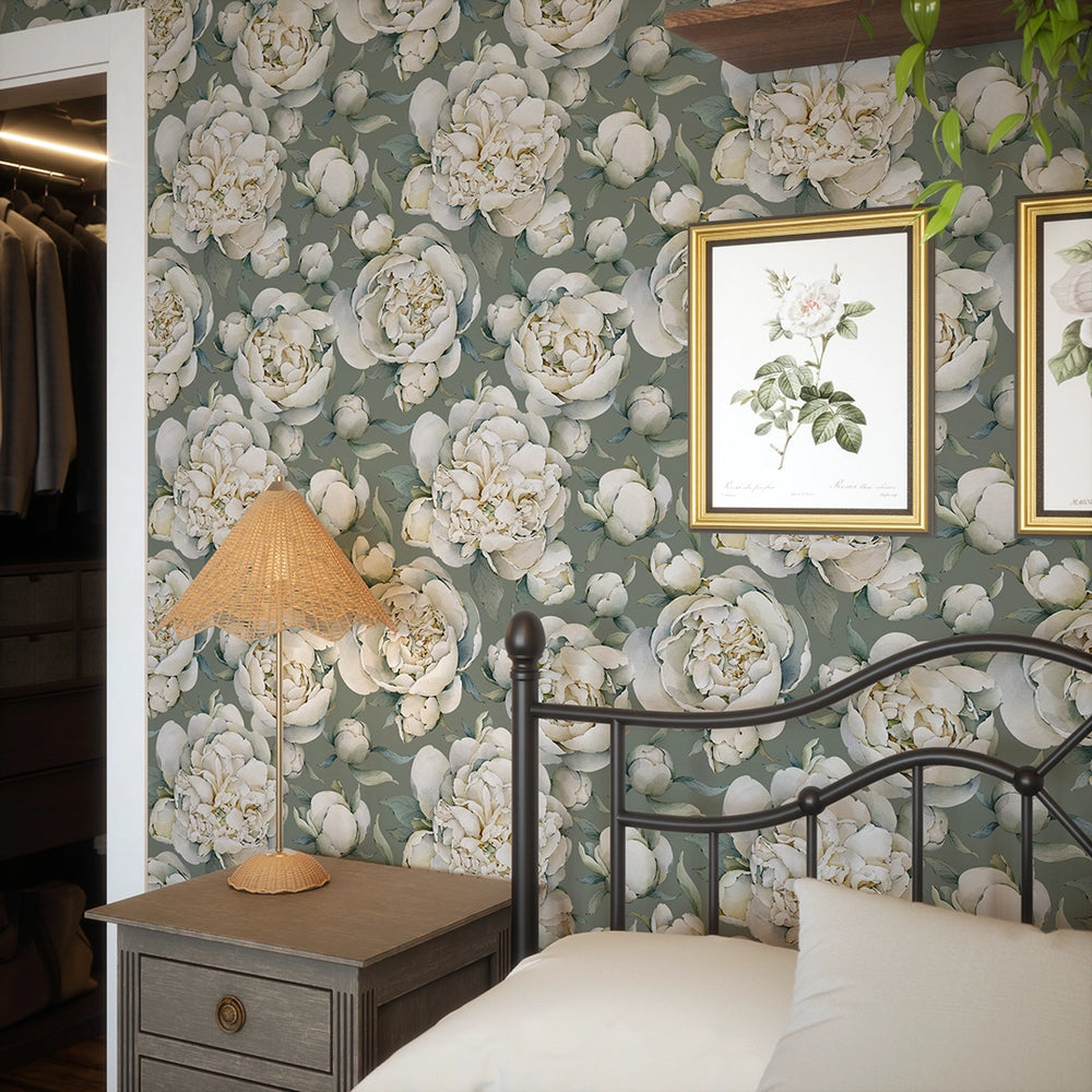 English Garden Peonies Wallpaper - Wild Nettle Green - LAN100361