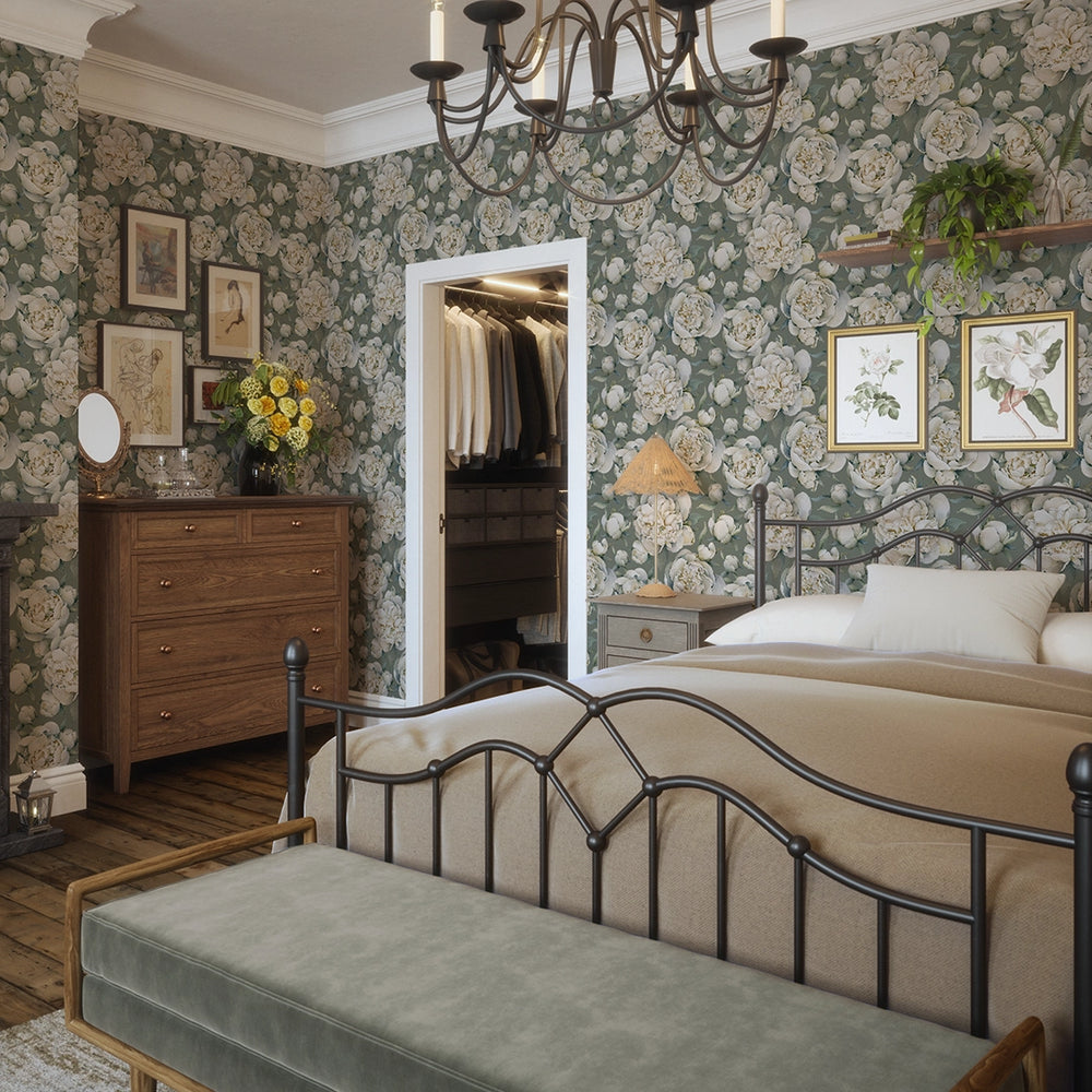 English Garden Peonies Wallpaper - Wild Nettle Green - LAN100361
