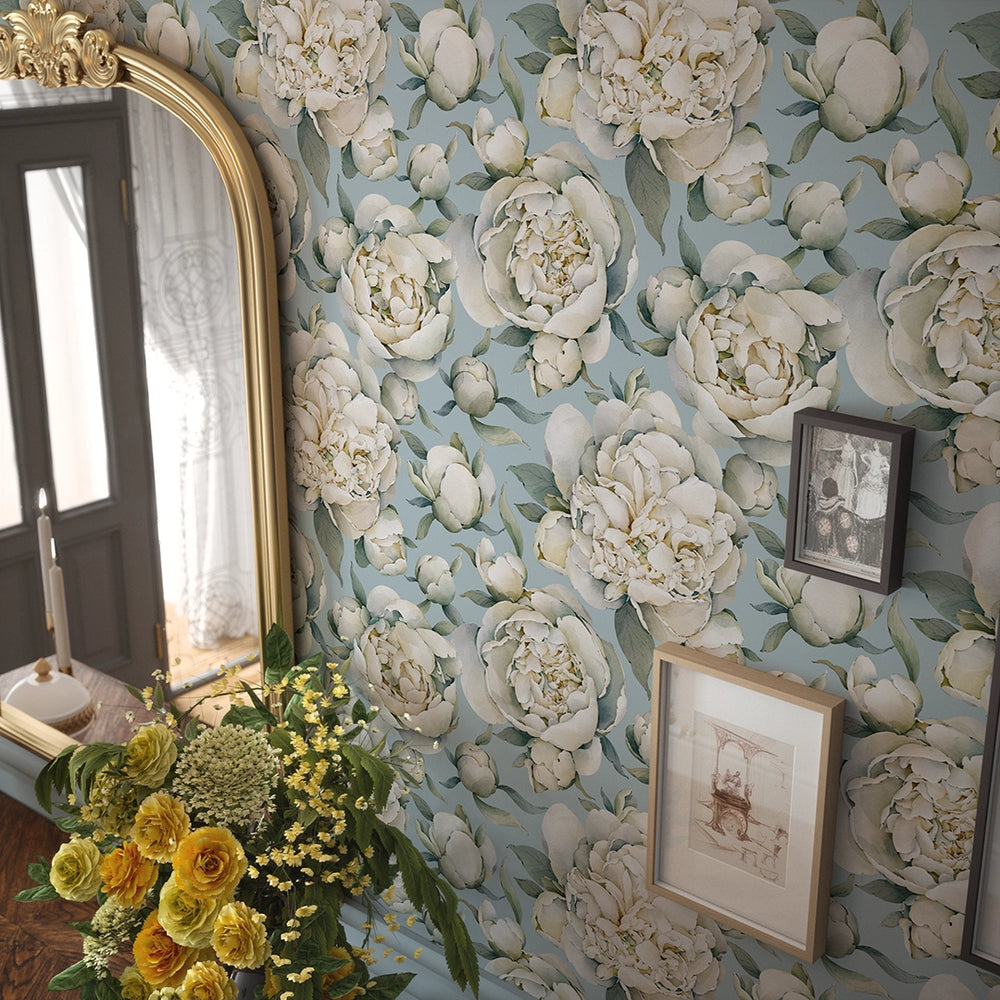 English Garden Peonies Wallpaper - Mineral Mist - LAN100362