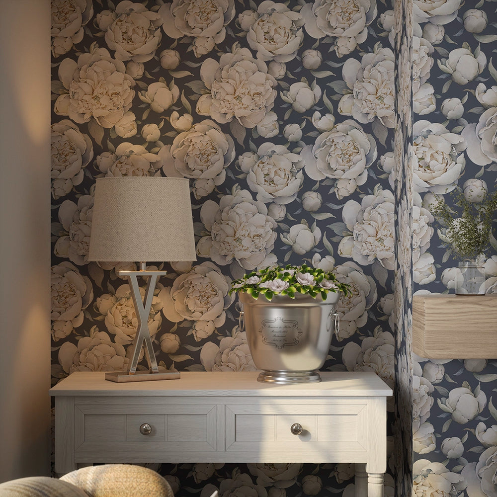 English Garden Peonies Wallpaper - Classic Navy - LAN100364